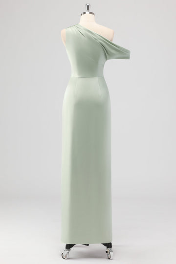 Salvie Grøn En Skulder Satin Ruched Skede Lang Brudepige Kjole